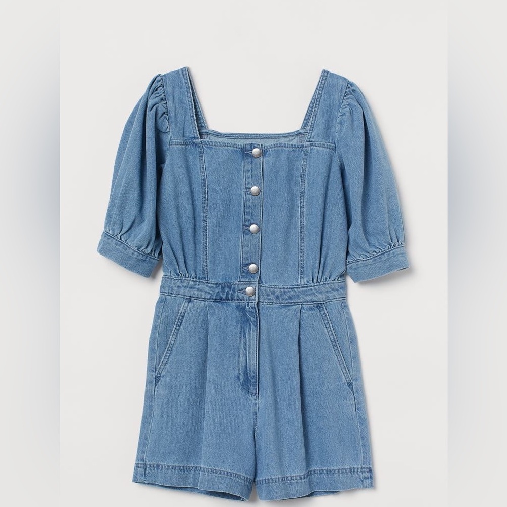 Denim romper puff sleeve